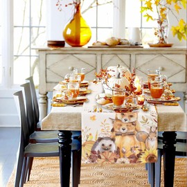 ZCHOMI Fall Leaves Animals Table Runner 13x72 Inch Cute Fox Squirrel Hedgehog Seasonal Autumn Harvest Kitchen Dinning Table Decoration for Indoor Outdoor Home Party Decor