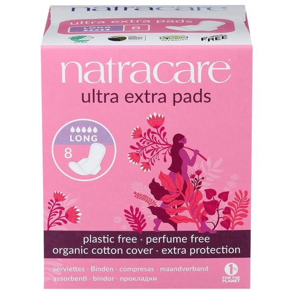 Natracare Ultra Extra Pads with Wings, Long, Individually Wrapped, Made with Certified Organic Cotton, Ecologically Certified Cellulose Pulp and Plant Starch (1 Pack, 8 Pads Total)