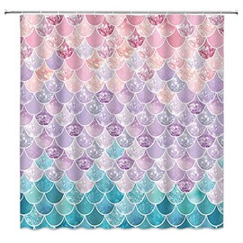 Mermaid Scales Shower Curtain Colorful Beautiful Fish Scales Glare Ocean Sea Aqua Teal Princess Fairy Tale Mermaid Tail Geometric Decor Fabric Bathroom Decor Sets with 12 Hooks 70X70Inchs