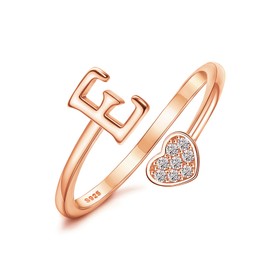 MILACOLATO 925 Sterling Silver Ring 18K Rose Gold Plated Initial Heart Rings Adjustable Capital Letter Initial Rings for Women Stackable Thumb Pinky Rings Trendy Stuff, E
