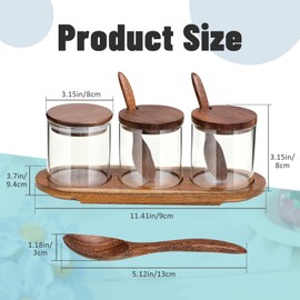 Tessco 2 Set Condiment Canisters Glass Seasoning Jars with Lids and Spoons Sugar Bowl Wooden Spice Box Glass Containers with Lids Airtight Lids and Base for Kitchen Storage (Acacia Wood)