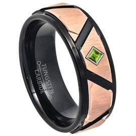 Black & Rose Gold IP Tungsten Carbide Wedding Band with 0.07ctw Round Cut Peridot Tungsten Ring - Comfort Fit Tungsten Anniversary Ring - YG Bezel