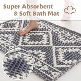 PADOOR-Waffle Bath Mat 24"x36"-Super Absorbent Bath Mats for Bathroom, Machine Washable Non Slip Bathroom Rug with Tassels, Soft Bathroom Mat for Laundry Room, Bedroom, Grey & Cream, 2'x 3'