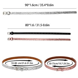 Shengxi Pack of 3 Thin Belt for Girls Glitter PU Leather Belt for Girls Adjustable Waist Belt for Girls Kids Belt Shiny Kids Waist Belt Girls Belt for Jeans Dress, Silver, black and pink