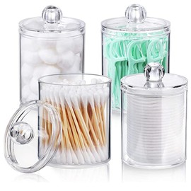 4 Pack Dispenser Holder Jars Clear Acrylic Container Box Bathroom Vanity Round Storage Organizer Canister for Cotton Ball, Swab, Pads, Floss