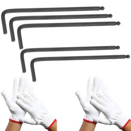 FWORUAIS 5pcs 4mm Ball End Hex Key Wrench Set, 2 Pairs Work Gloves, Metric L Shaped Long Arm CR V Steel Allen Keys for Bike Maintenance, Furniture Assembly, DIY Repairs, Durable Hand Tool Kit