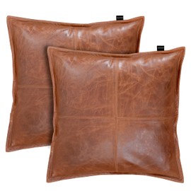 KUIRMODA Lambskin Leather Pillow Cover - Decorative Sofa Cushion Case - Throw Covers for Living Room & Bedroom, 18x18 Inches - Tan Crunch Box Pack of 2