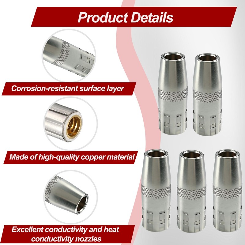 5-Pack KP2742-1-50F MIG Welding Nozzle, 1/2" Thread-On Flush Gas Nozzle,