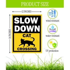Set of 3 Double Sided 12x16 Inches Slow Down Cat Crossing Sign with Metal Wire H-Stakes - Slow Down Caution Sign For Neighborhoods Yard Farm - Plastic Decorations Animal Crossing Signs