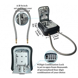 Iron Lock® - Key Lock Box Portable and Wall Mounted with Removable Cable Shackle Indoor Outdoor Waterproof 4 Digit Combination with Resettable Code with A B Switch Key Lockbox for Outside Key Cabinets