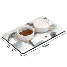 Rnivvi Dog Food Mat, 12" x 19" Absorbent Dog Cat Bowl Mat for Food and Water, Cute Anti-Slip Rubber Pet Feeding Rug Protect Floors, Puppy Placemat for Feeding & Watering Supplies, Abstract Plume