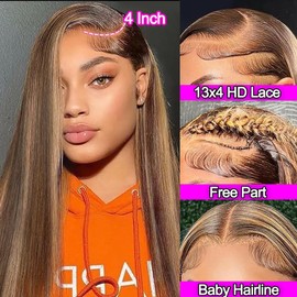 Highlight Lace Front Wigs Human Hair Straight 13x4 HD Lace Wigs Human Hair for Black Women Baby Hair with 180 Density 18 Inch Long Bob 4/27 Color