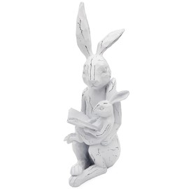 AuldHome Design Easter Reading Rabbit Figurine w/Baby Rabbit; Farmhouse White Bunny Statue