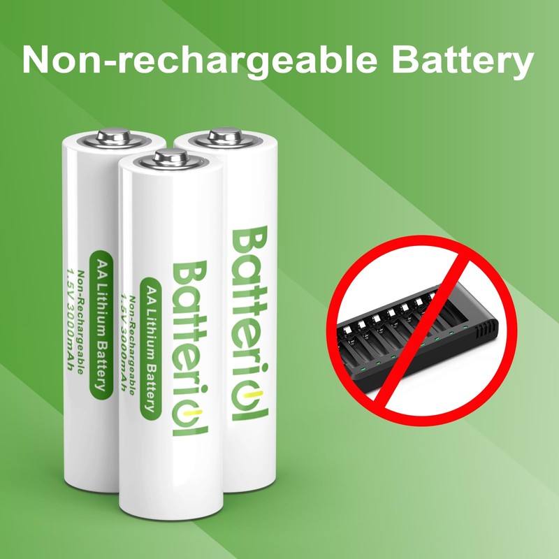 Batteriol Lithium Batteries AA, Double A Batteries 3000mAh 1.5V Long