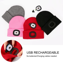 Beanie Hat with Light for Kids,Unisex USB Rechargeable Hands Free 4 LED Headlamp Cap Winter Knitted Night Lighted Hat Flashlight, Gifts for Kids Boys Girls (Grey)