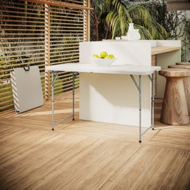 Techni Home Height Adjustable 4 FT Granite White Folding Table – Premium 4 Foot Folding Table Ideal for Camping, Picnic, Party or as Kids Table