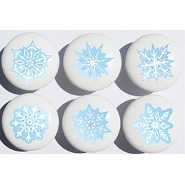 Blue Christmas Snowflakes Ceramic Drawer Knobs Snow Flake Handle Pulls, Set of 6