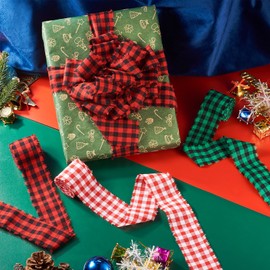 KISSITTY 3 roll Christmas Tartan Ribbon Green Red Colorful Cotton Linen Frayed Craft Decorative Ribbon for Flowers Floral Bouquets Garlands Wedding Gift Wrapping Hair Bows Decors Ornaments