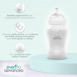 Evenflo Advanced Biberón Advanced Anticólicos Avanzado, Cuello Ancho, Transparente, 270ml, Silicón Grado Alimenticio, Sistema Doble Válvula, Flujo Medio, para Bebés desde 3 Meses, 1 Pieza