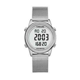 TIMEURE TU-2401 Women's Pedometer Watch, Stylish Design, Easy to Read Calories, Steps, Mileage, Countdown and Alarm with Backlight, Silver with diamonds, Bracelet