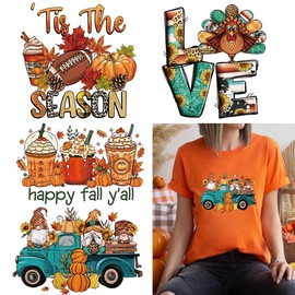 Fall Heat Transfer Vinyl Maple Leaf Iron on Transfer Patches for T-Shirt Autumn Pumpkin Turkey Rugby Dwarf Design HTV Vinyl Iron on Decals for Thanksgiving Costume Clothes Pillow Hoodie DIY Craft 4Pcs