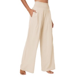 Urban CoCo Women's Elastic High Waist Light Weight Loose Casual Wide Leg Trousers Long Pants with Pocket (M, Beige)