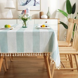 AmHoo Stitching Tassel Tablecloth Striped Table Cloth Rectangle Cotton Linen Dust-Proof Table Cover for Kitchen Dinning 54 x 102 Inch Teal