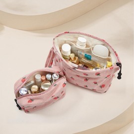 ZOEMTIU Makeup bag set small Cosmetic bag for women purse Corduroy Organizer with interior Pockets,cute Pencil zipper Pouch travel Toiletry Bag with handle((Strawberry Pink)