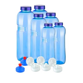 6 x original bottles made from Tritan without plasticisers. Set of 2 x 1 litre (round), 2 x 0.75 litres (round), 2 x 0.5 litres (round), 5 standard lids, 3 sports lids (flip top), 2 drinking lids (push PULL), BPA-free