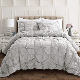 Lush Decor Full Queen-Light Gray Bella Comforter Set Vintage Chic Style Ruched 3 Piece Bedding with Pillow Shams