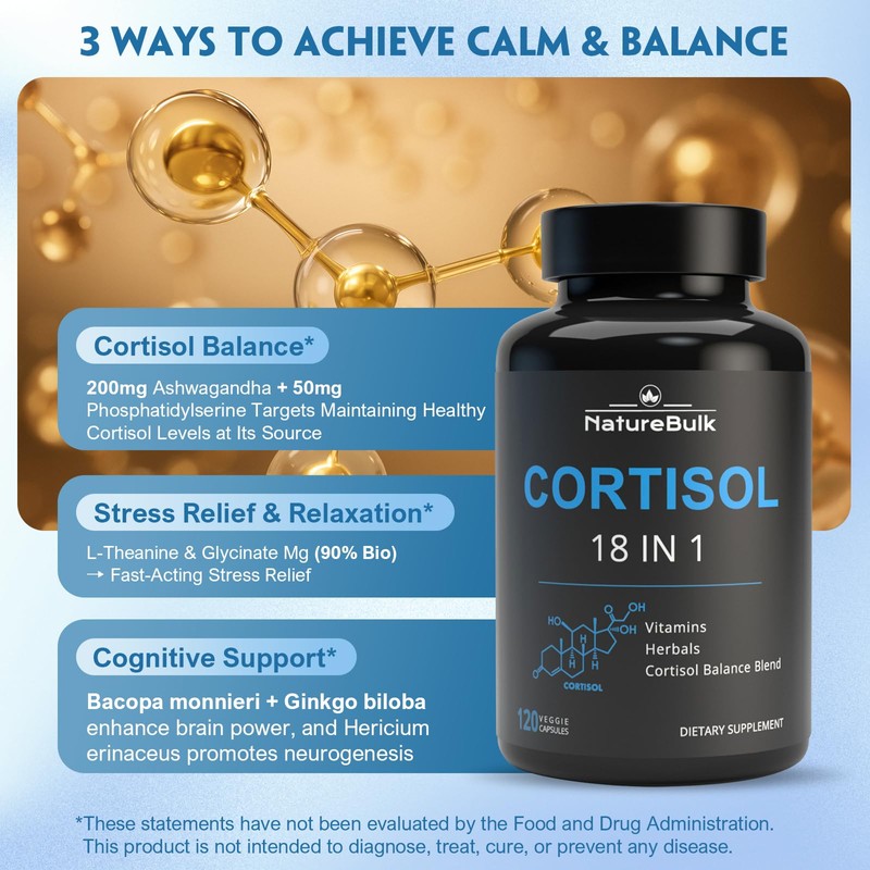 NATUREBULK Cortisol Supplements for Women, 18-in-1 - Premium Blend with