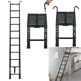 Qimu 10.5FT Telescoping Ladder Aluminum Telescopic Extension Ladder with 2 Detachable Hooks Lightweight Portable Collapsible Ladder Multi-Purpose RV Ladder for Outdoor,Home, 330LB Max Capacity, Black