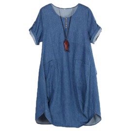 LaovanIn Women's Plus Size Tunic Dress Summer Cotton Linen T Shirt Knee-Length Dresses Denim Blue XX-Large