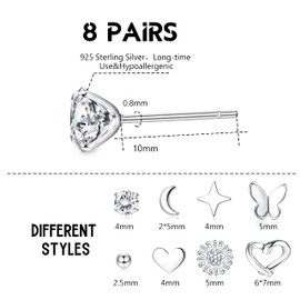 KRFY 8 Pairs Stud Earrings for Women Sterling Silver Small CZ Butterfly Moon Star Daisy Love Ball Hypoallergenic Plain Stud Earrings Tiny Cartilage Stud Earrings for Teen Girls