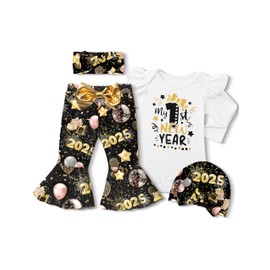 ADIFUN Baby Girl New Years Outfit 3-6 Months My First New Years Baby Girl Outfit 2025 White Long Sleeve Romper 2025 Fireworks Flared Pants Headband 4Pcs Set