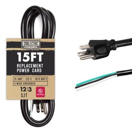 Cablectric 12 Gauge Power Cord Replacement with Open End - 15ft Black 3 Prong Power Cable, 12/3 SJT, NEMA 5-15P - 15 Amp, 12 AWG Extension Cord for Major Appliances