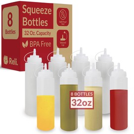 Reli. Plastic Squeeze Bottles, 32 oz. | 8 Pack | Condiment Squeeze Bottles for Sauces | Clear w/Tethered Caps | 32 Ounce Hot Sauce, Ketchup | Condiments, Olive Oil, Liquids