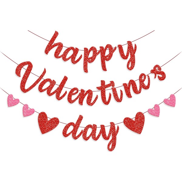 Happy Valentines Day Banner, Valentines Day Decorations, Red Pink Glitter