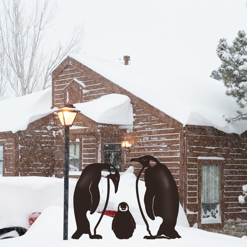 Penguin Family Stake Statue Simulation Vivid Hollow Iron Animal Stake