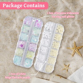 Iridescent Glitter Nail Art Sequins 1 Box of 6 Colors Holographic Nail Art Glitter and 1 Box of Flat Back Pearls Kits Half Rounds White Beige Pearl Nail Beads for DIY Party Decoration