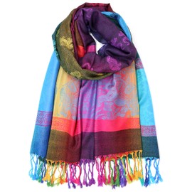 Colorful Elephant Peacock Feather Pashmina Scarf Shawl Wrap (Black Elephant)