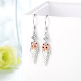 Cat Earrings 925 Sterling Silver Cup Cat Pendant Earrings Cute Ice Cream Animal Jewelry Woman Girl Birthday Gift