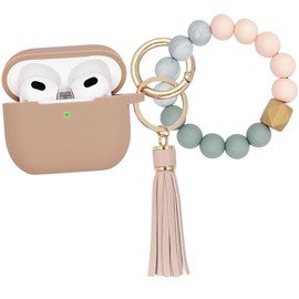 Koujaon Compatible with AirPods 3 Case Cover Soft Silicone Skin Case for AirPods 3rd Generation with Bracelet Keychain for Women (Milk Tea)