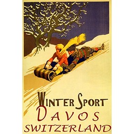Davos Switzerland Winter Sport Family Fun Sledding Down Snow Hills Toboggan Bobsled 20" X 30" Vintage Poster ON Canvas REPRO WE Have Other Sizes