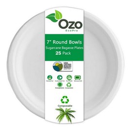 Disposable Eco-Conscious Sugarcane Plates by Ozo, Recyclable and Compostable Round Plates, Natural and Biodegradable Dinnerware for Parties and Weddings, Microwave and Oven Safe, 25 Pack, 7” Plates