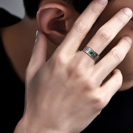 Free Bird Men's Ring, Arabesque Pattern, Turquoise "Stone of Success", Silver Ring, Turquoise Stone, Adjustable, Popular, Anniversary, Gift, White Day, Emerald, Created Emerald