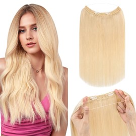Silk-co Secret Wire In Hair Extensions No Clip Invisible Remy Human Hair One Piece Straight Natural Invisible Adjustable Secret Wire Hairpiece Extensions 12 Inch-55g #60 Platinum Blonde