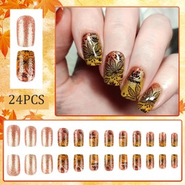 Fall Press on Nails Medium Square Fake Nails Yellow Glitter Gloss Acrylic Nails with Maple Leaves Designs Nails Press on Gradient Glue Stick on Nail Full Cover Nail Press on for Women 24Pcs