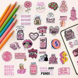 50Pcs Pink Money Stickers Pack,Cute Gold Coin Decals for Laptops Trackpads Keyboards Backpacks Skateboards Luggage Water Bottles Scrapbooks Mirrors Notebooks Journals Cars Bumpers.