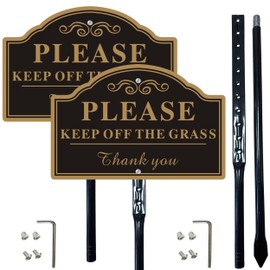 2-Pack Keep Off The Grass Signs, with 36"Tall Metal Stakes, 8x12 Inches Aluminum Yard Signs, Black and Gold ﻿